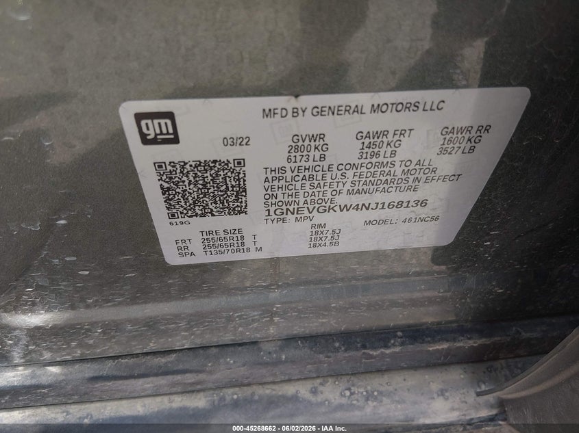2022 Chevrolet Traverse VIN 1GNEVGKW4NJ168136 IAAI salvage auction — HAIL, Salvage (Minnesota), sold $8,100 on 2026-07-29 (photo 9)