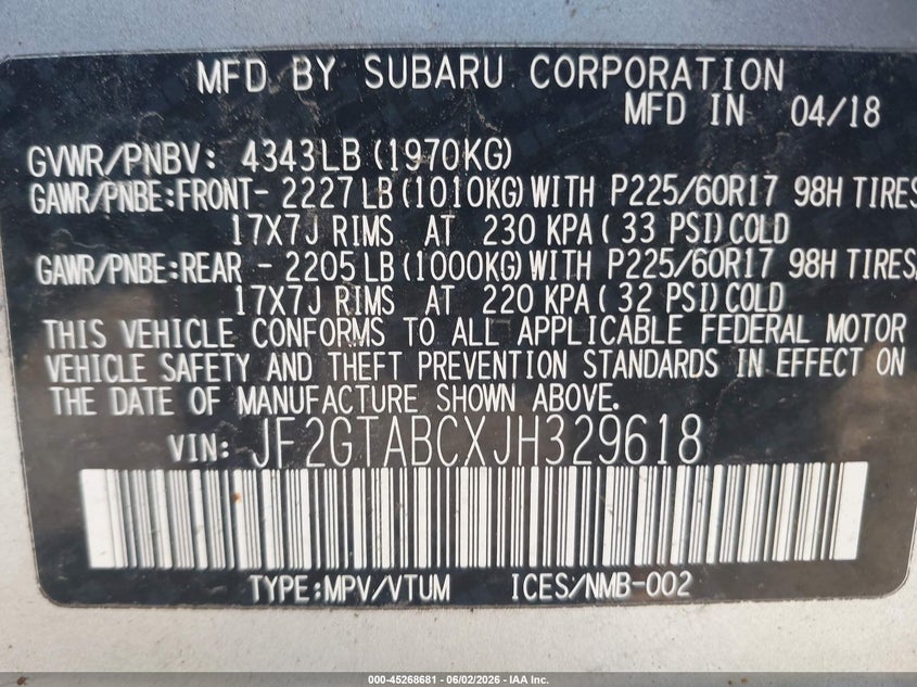2018 Subaru Xv VIN JF2GTABCXJH329618 IAAI salvage auction — REAR END, Salvage Title, sold $3,150 on 2026-07-10 (photo 9)