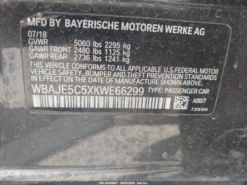2019 BMW 5er VIN WBAJE5C5XKWE66299 IAAI salvage auction — LEFT SIDE, Salvage Title, sold $10,250 on 2026-07-22 (photo 9)