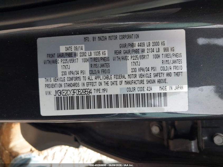 2015 Mazda Cx-5 VIN JM3KE2CY3F0529594 IAAI salvage auction — HAIL, Salvage Title, sold $2,550 on 2026-07-20 (photo 9)