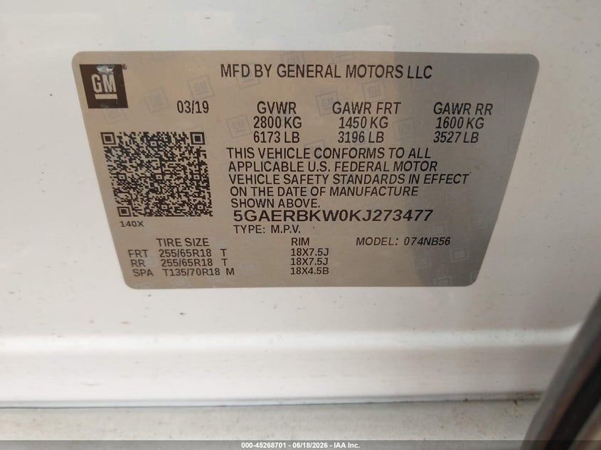 2019 Buick Enclave VIN 5GAERBKW0KJ273477 IAAI salvage auction — HAIL, Clear (Missouri), sold $4,550 on 2026-07-27 (photo 9)