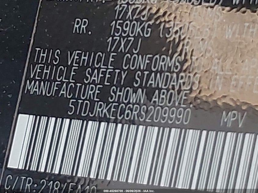 2024 Toyota Sienna VIN 5TDJRKEC6RS209990 IAAI salvage auction — WATER/FLOOD, Salvage Title, sold $13,775 on 2026-07-28 (photo 9)