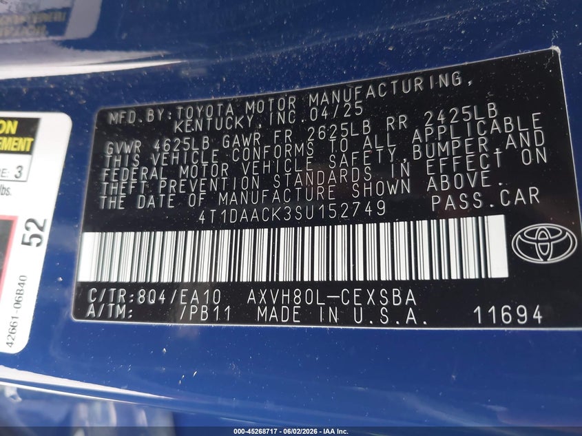 2025 Toyota Camry VIN 4T1DAACK3SU152749 IAAI salvage auction — FRONT END, Original (Texas), sold $8,100 on 2026-08-26 (photo 9)
