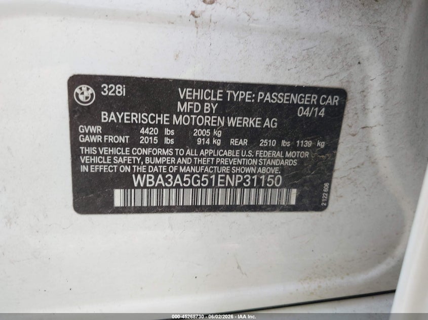 2014 BMW 3er VIN WBA3A5G51ENP31150 IAAI salvage auction — HAIL, Salvage Title, sold $2,000 on 2026-07-06 (photo 9)