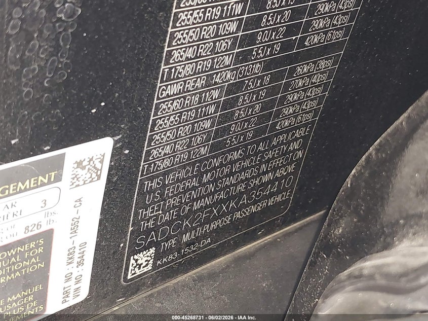 2019 Jaguar F-pace VIN SADCK2FXXKA354410 IAAI salvage auction — HAIL, Salvage Title, sold $5,300 on 2026-07-20 (photo 9)