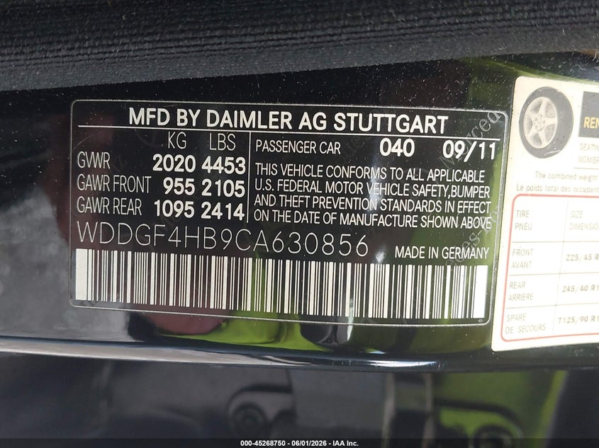 2012 Mercedes-benz C-klasse VIN WDDGF4HB9CA630856 IAAI salvage auction — NORMAL WEAR, Salvage Title, sold $1,550 on 2026-07-24 (photo 9)