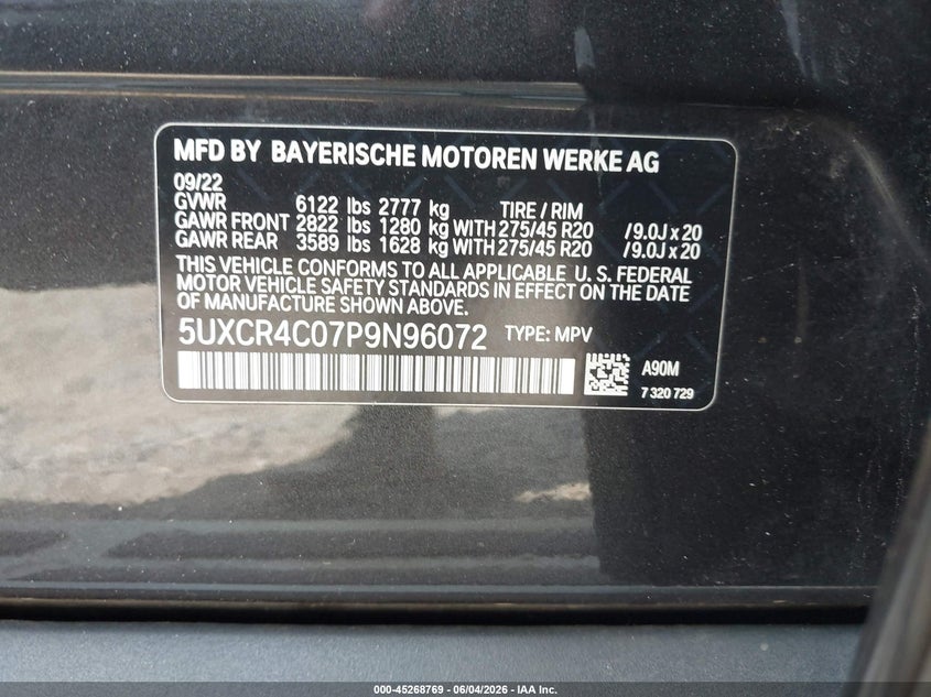 2023 BMW X5 VIN 5UXCR4C07P9N96072 IAAI salvage auction — FRONT END, Salvage Title, sold $9,000 on 2026-07-22 (photo 9)