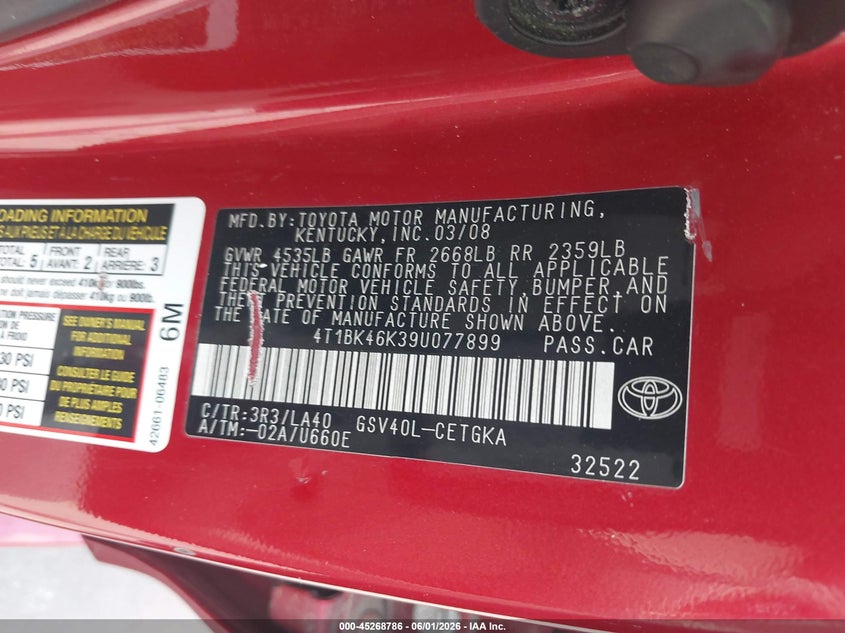 2009 Toyota Camry VIN 4T1BK46K39U077899 IAAI salvage auction — REAR END, Original (Texas), sold $1,775 on 2026-07-25 (photo 9)