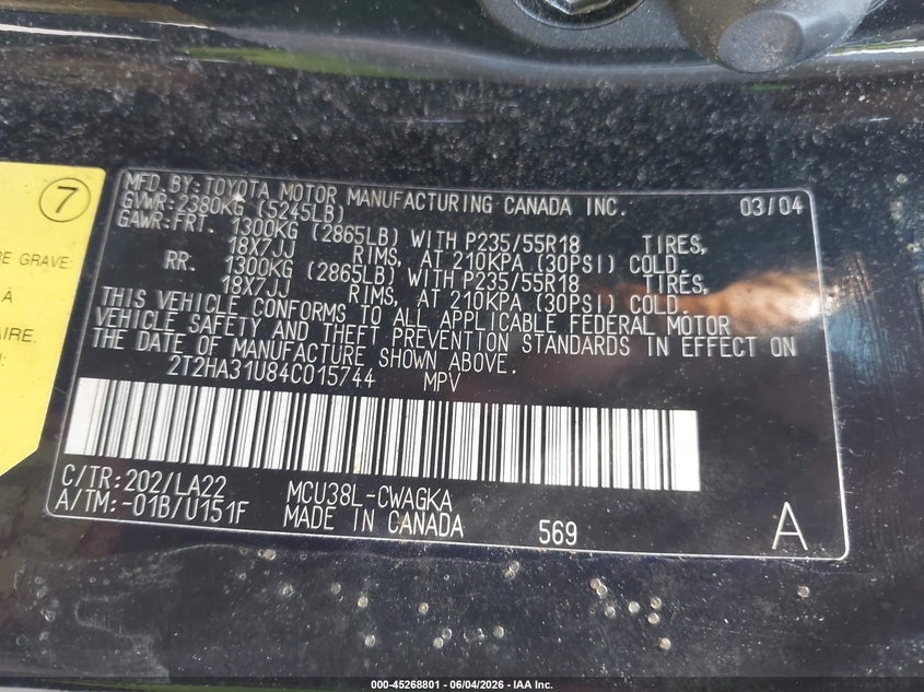 2004 Lexus Rx 330 VIN 2T2HA31U84C015744 IAAI salvage auction — NORMAL WEAR, Clear (New York), sold $725 on 2026-07-09 (photo 9)