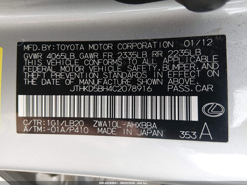 2012 Lexus Ct VIN JTHKD5BH4C2078916 IAAI salvage auction — NORMAL WEAR, Clear (Arkansas), sold $3,150 on 2026-07-15 (photo 9)