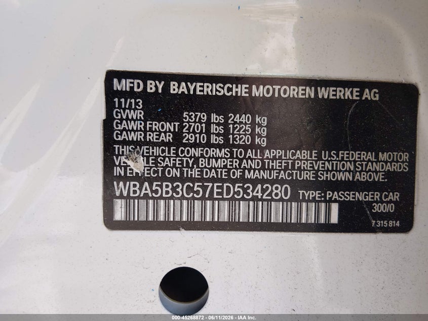 2014 BMW 5er VIN WBA5B3C57ED534280 IAAI salvage auction — NORMAL WEAR, Clear (Montana), sold $25 on 2026-07-28 (photo 9)
