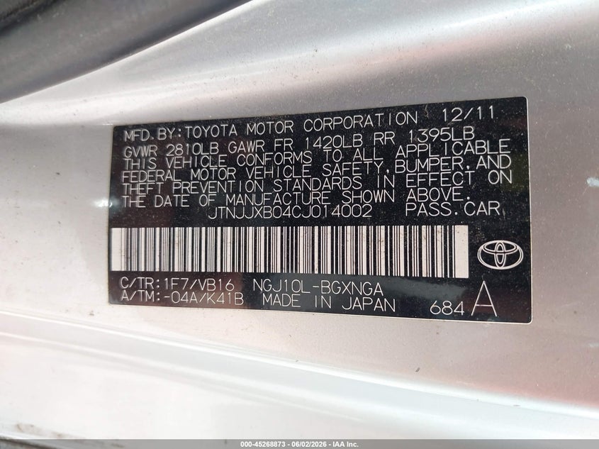 2012 Scion Iq VIN JTNJJXB04CJ014002 IAAI salvage auction — HAIL, Salvage Title, sold $1,675 on 2026-08-03 (photo 9)