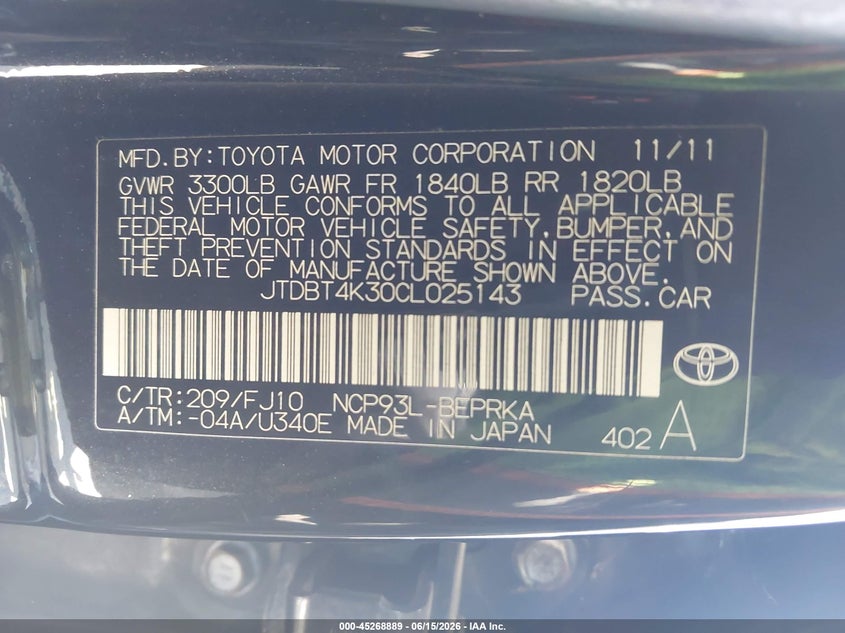 2012 Toyota Yaris VIN JTDBT4K30CL025143 IAAI salvage auction — NORMAL WEAR, Clear - Dealer Only (California), sold $1,000 on 2026-07-29 (photo 9)