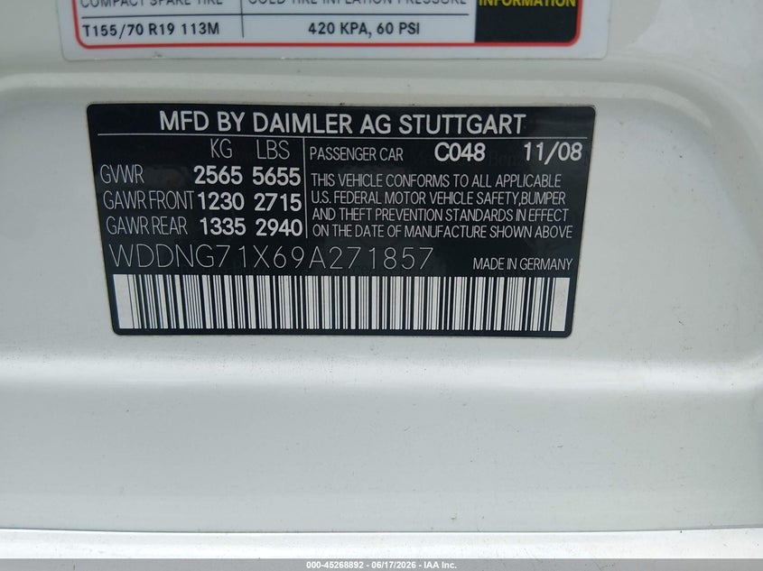 2009 Mercedes-benz S class VIN WDDNG71X69A271857 IAAI salvage auction — NORMAL WEAR, Clear (Louisiana), sold $1,250 on 2026-07-13 (photo 9)