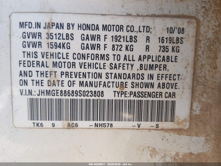 2009 Honda Fit VIN JHMGE88689S023808 IAAI salvage auction — NORMAL WEAR, Clear - Public Restricted (Oklahoma), sold $375 on 2026-07-08 (photo 9)