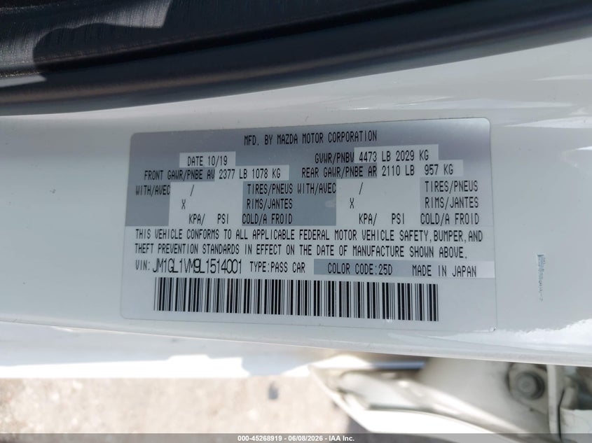 2020 Mazda 6 VIN JM1GL1VM9L1514001 IAAI salvage auction — HAIL, Salvage Title, sold $8,700 on 2026-09-23 (photo 9)