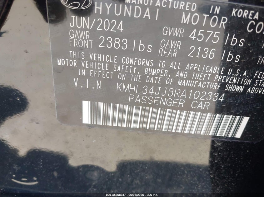 2024 Hyundai Sonata VIN KMHL34JJ3RA102334 IAAI salvage auction — HAIL, Salvage (Ohio), sold $6,400 on 2026-07-28 (photo 9)