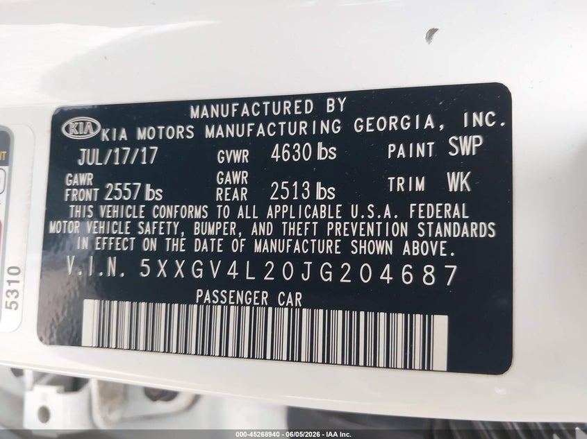 2018 Kia Optima VIN 5XXGV4L20JG204687 IAAI salvage auction — SIDE, Salvage Title, sold $3,550 on 2026-07-29 (photo 9)