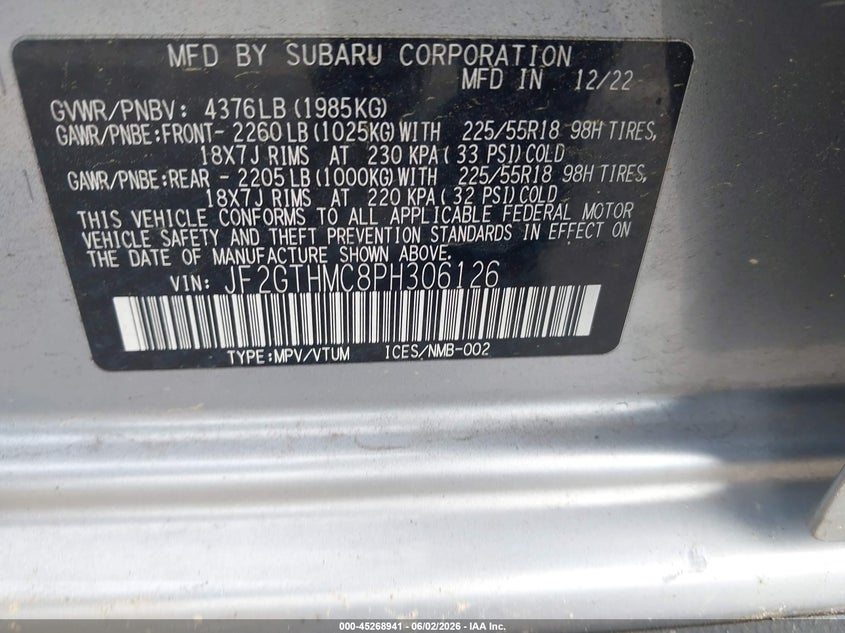 2023 Subaru Xv VIN JF2GTHMC8PH306126 IAAI salvage auction — LEFT & RIGHT, Salvage Title, sold $6,775 on 2026-07-15 (photo 9)