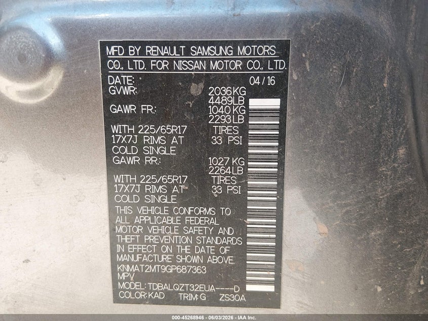 2016 Nissan Rogue VIN KNMAT2MT9GP687363 IAAI salvage auction — FRONT END, Salvage (Arizona), sold $2,025 on 2026-07-07 (photo 9)