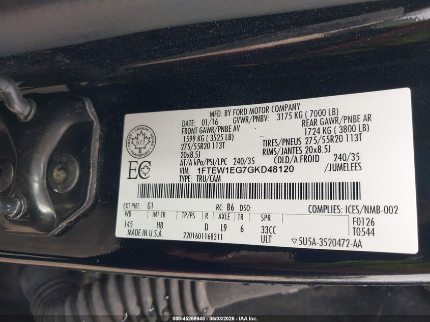 2016 Ford F-150 VIN 1FTEW1EG7GKD48120 IAAI salvage auction — HAIL, Original (Texas), sold $8,975 on 2026-08-01 (photo 9)