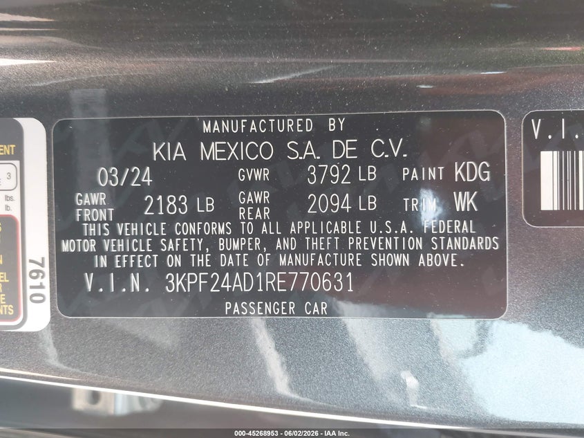 2024 Kia Forte VIN 3KPF24AD1RE770631 IAAI salvage auction — HAIL, Clear (Missouri), sold $8,550 on 2026-08-24 (photo 9)