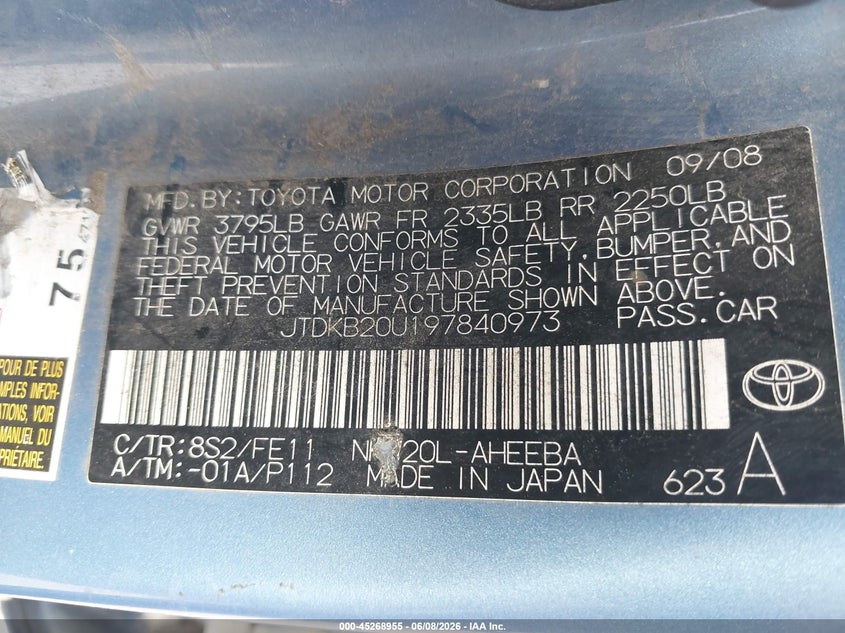 2009 Toyota Prius VIN JTDKB20U197840973 IAAI salvage auction — NORMAL WEAR, Clear (Maryland), sold $900 on 2026-07-16 (photo 9)