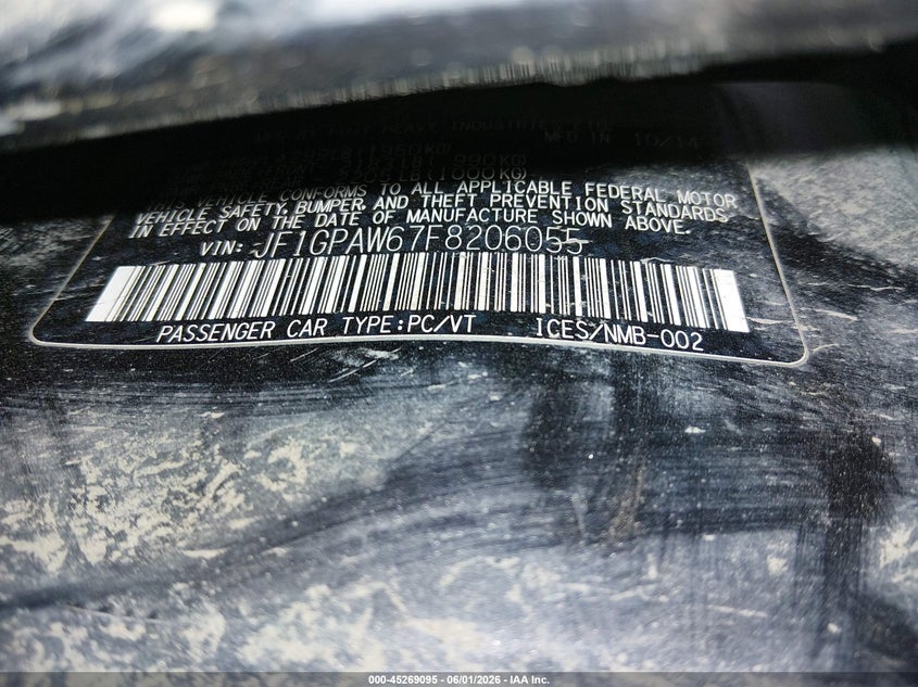 2015 Subaru Impreza VIN JF1GPAW67F8206055 IAAI salvage auction — ROLLOVER, Salvage Title, sold $25 on 2026-07-10 (photo 9)