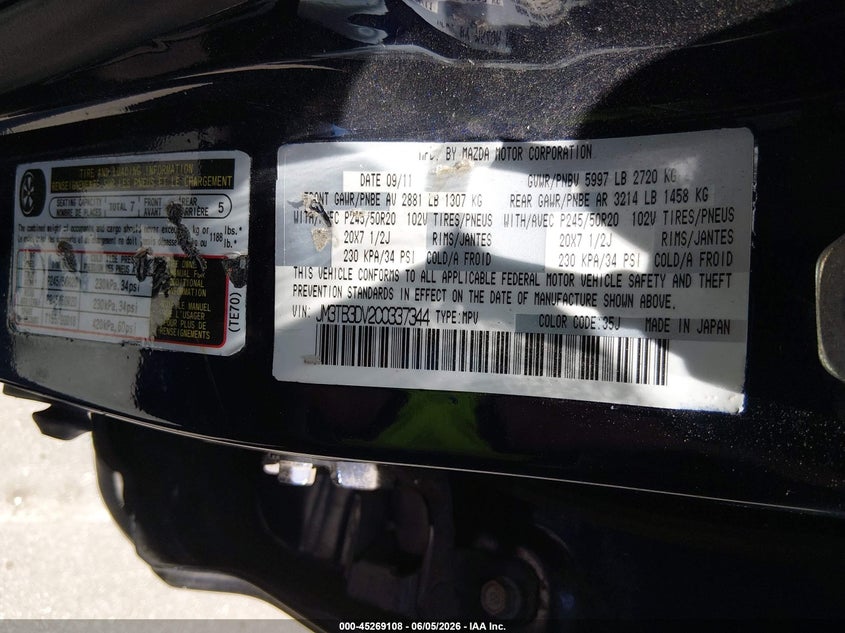 2012 Mazda Cx-9 VIN JM3TB3DV2C0337344 IAAI salvage auction — NORMAL WEAR, Clear (Florida), sold $400 on 2026-07-06 (photo 9)