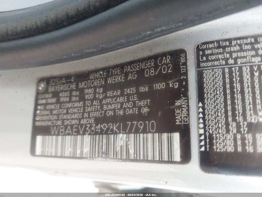 2002 BMW 3 series VIN WBAEV33492KL77910 IAAI salvage auction — NORMAL WEAR, Original (Texas), sold $300 on 2026-07-08 (photo 9)