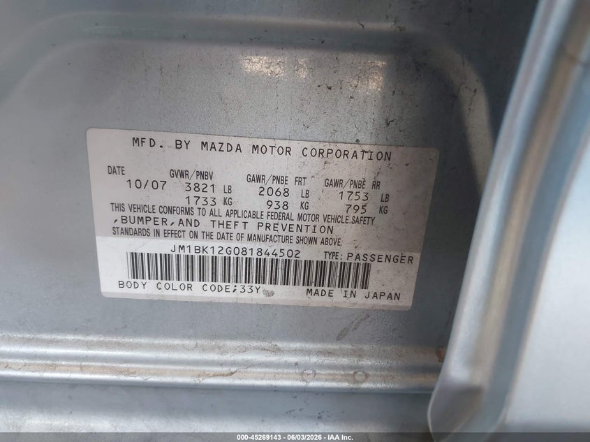 2008 Mazda 3 VIN JM1BK12G081844502 IAAI salvage auction — NORMAL WEAR, Clear (Arizona), sold $975 on 2026-07-14 (photo 9)