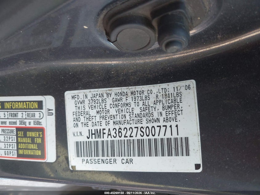 2007 Honda Civic hybrid VIN JHMFA36227S007711 IAAI salvage auction — LEFT SIDE, Clear (Alabama), sold $250 on 2026-07-08 (photo 9)