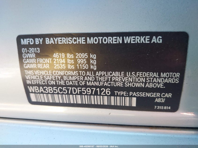 2013 BMW 3er VIN WBA3B5C57DF597126 IAAI salvage auction — FRONT END, Bill Of Sale (Washington), sold $425 on 2026-07-18 (photo 9)