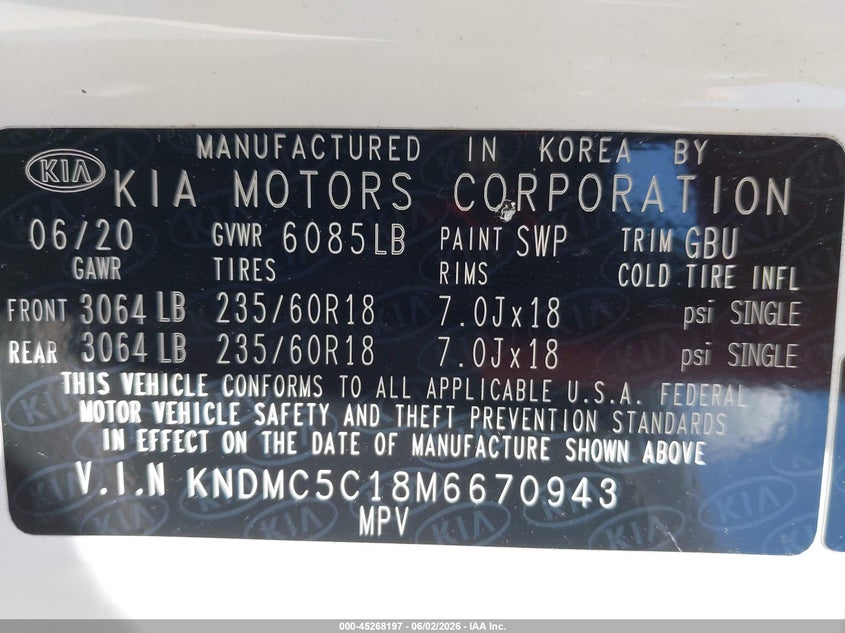 2021 Kia SEDONA VIN KNDMC5C18M6670943 IAAI salvage auction — FRONT END, Salvage Title, sold $1,300 on 2026-07-30 (photo 9)