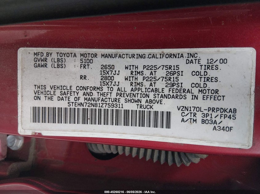2001 Toyota Tacoma VIN 5TEHN72N81Z759311 IAAI salvage auction — FRONT END, Bill Of Sale (Washington), sold $1,050 on 2026-07-22 (photo 9)