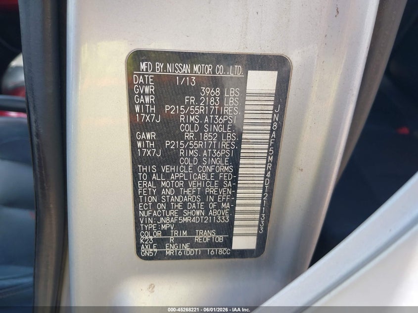 2013 Nissan Juke VIN JN8AF5MR4DT211333 IAAI salvage auction — NORMAL WEAR, Clear (Texas), sold $250 on 2026-07-14 (photo 9)