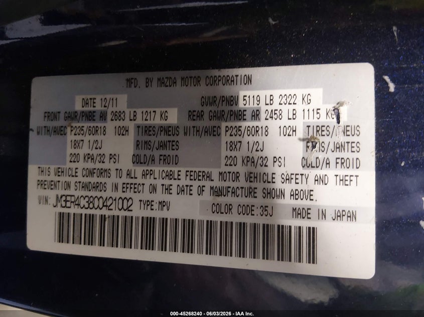 2012 Mazda Cx-7 VIN JM3ER4C38C0421002 IAAI salvage auction — NORMAL WEAR, Original (Alaska), sold $175 on 2026-07-24 (photo 9)