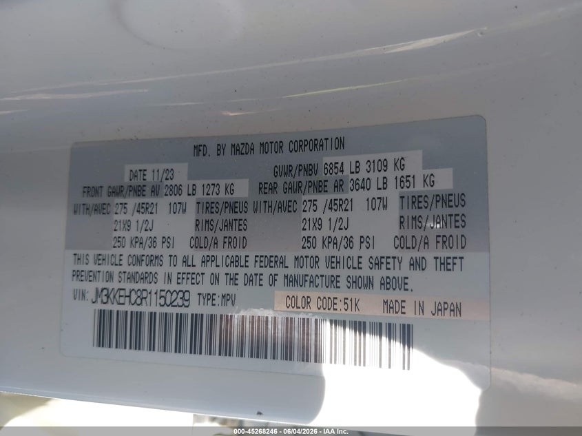 2024 Mazda Cx-90 VIN JM3KKEHC8R1150239 IAAI salvage auction — FRONT END, Salvage Title, sold $7,600 on 2026-07-14 (photo 9)