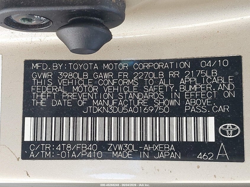 2010 Toyota Prius VIN JTDKN3DU5A0169750 IAAI salvage auction — NORMAL WEAR, Clear (Montana), sold $1,600 on 2026-07-30 (photo 9)