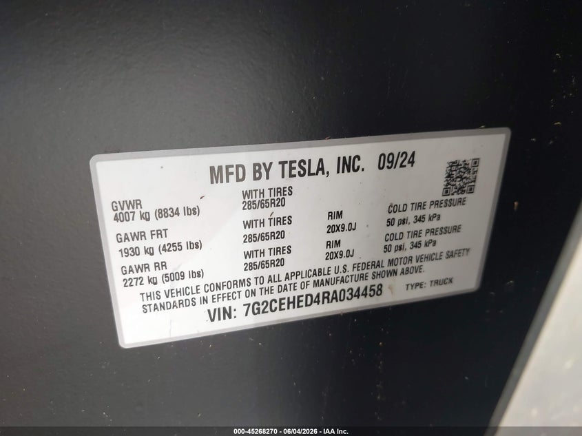 2024 Tesla Cybertruck VIN 7G2CEHED4RA034458 IAAI salvage auction — Flood, Salvage, sold $25 on 2026-09-03 (photo 9)
