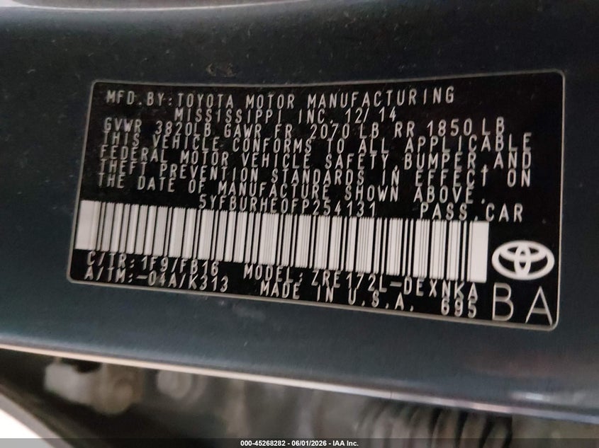 2015 Toyota Corolla VIN 5YFBURHE0FP254131 IAAI salvage auction — NORMAL WEAR, Clear (Tennessee), sold $3,550 on 2026-07-06 (photo 9)