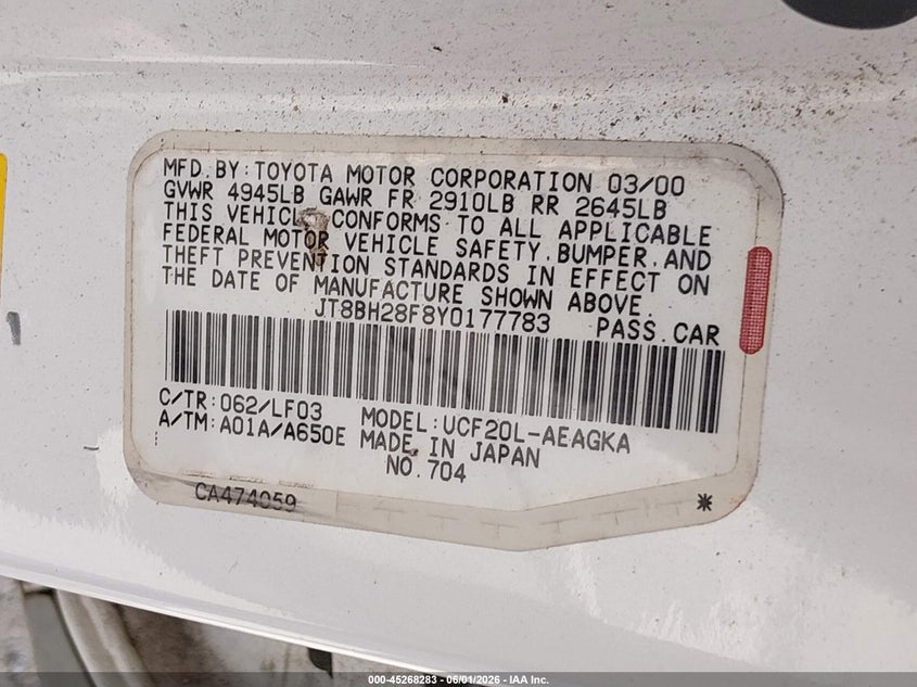 2000 Lexus Ls VIN JT8BH28F8Y0177783 IAAI salvage auction — NORMAL WEAR, Clear (Washington), sold $375 on 2026-07-15 (photo 9)