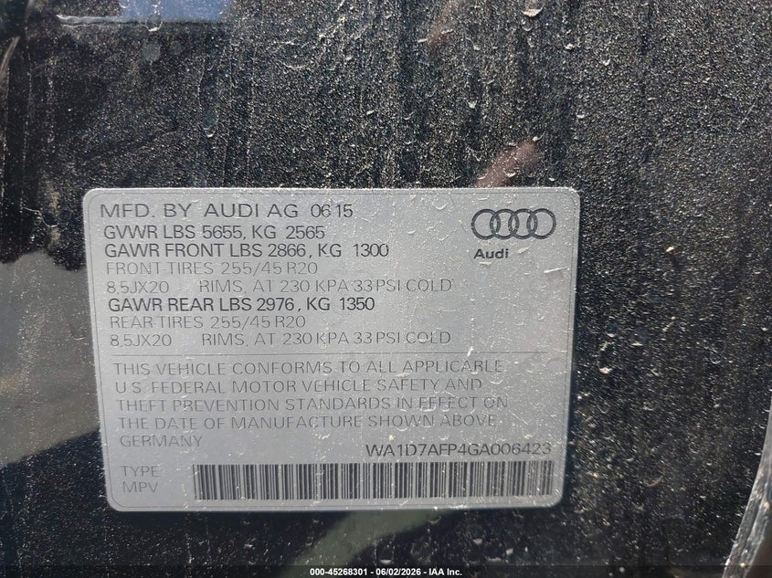 2016 Audi Q5 VIN WA1D7AFP4GA006423 IAAI salvage auction — NORMAL WEAR, Salvage (California), sold $400 on 2026-07-27 (photo 9)
