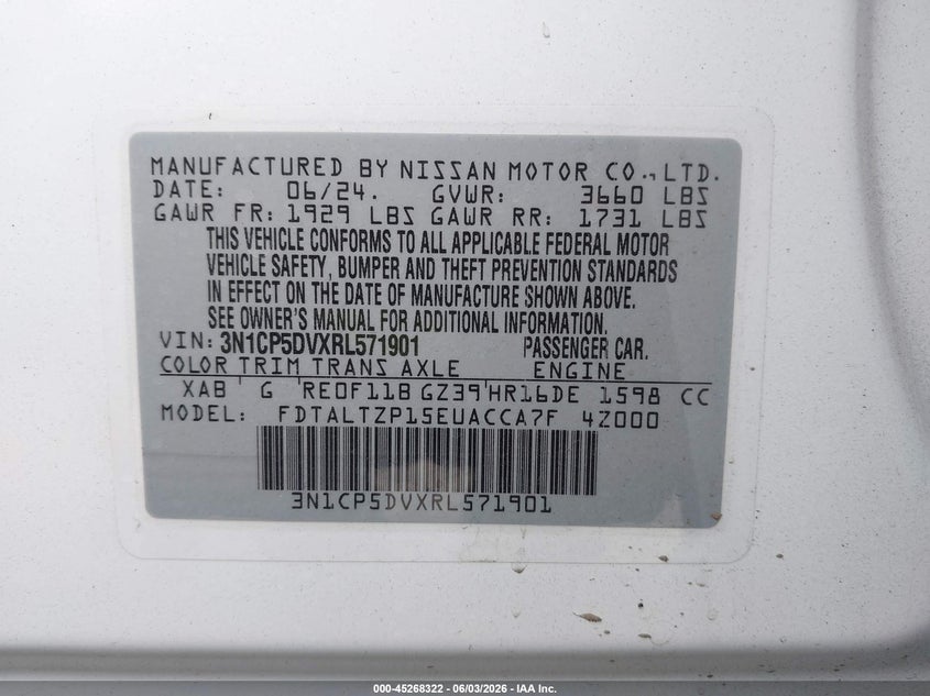 2024 Nissan Kicks VIN 3N1CP5DVXRL571901 IAAI salvage auction — RIGHT FRONT, Bill Of Sale (Washington), sold $3,550 on 2026-07-09 (photo 9)
