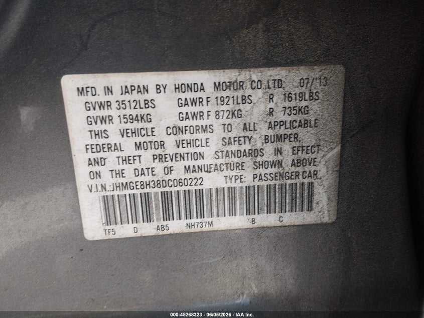 2013 Honda Fit VIN JHMGE8H38DC060222 IAAI salvage auction — REAR END, Salvage Title, sold $2,050 on 2026-07-08 (photo 9)
