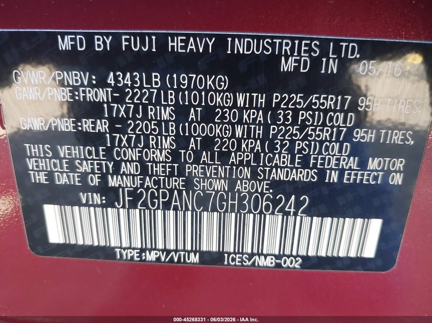 2016 Subaru Xv VIN JF2GPANC7GH306242 IAAI salvage auction — FRONT END, Salvage (Idaho), sold $1,850 on 2026-07-07 (photo 9)