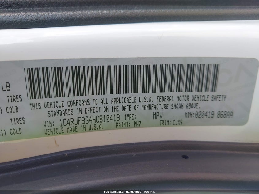 2017 Jeep Grand cherokee VIN 1C4RJFBG4HC810419 IAAI salvage auction — HAIL, Salvage Title, sold $4,500 on 2026-07-11 (photo 9)