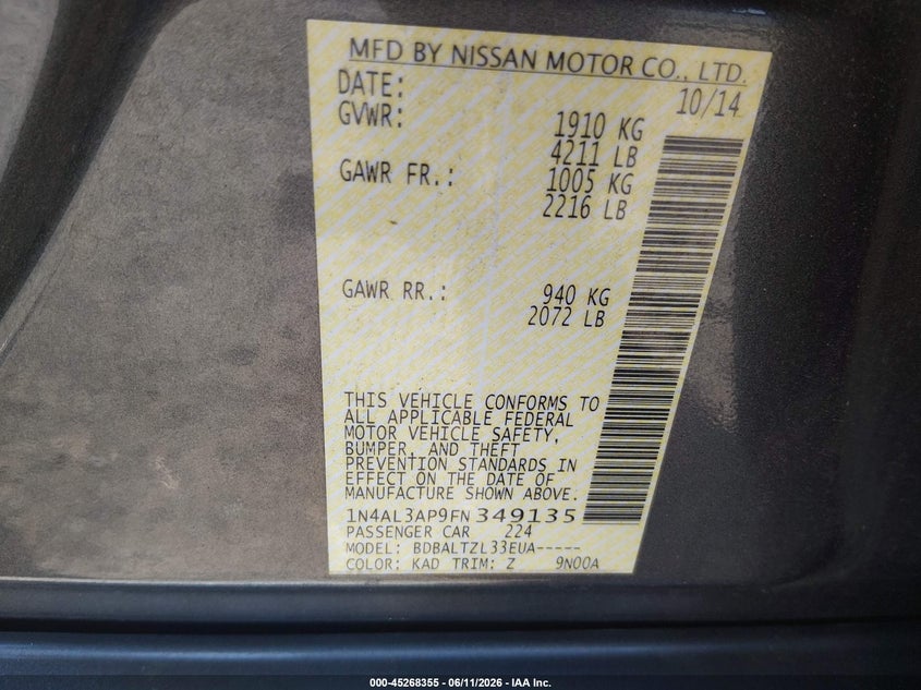 2015 Nissan Altima VIN 1N4AL3AP9FN349135 IAAI salvage auction — RIGHT FRONT, Repossession Paperwork (South Carolina), sold $600 on 2026-07-09 (photo 9)