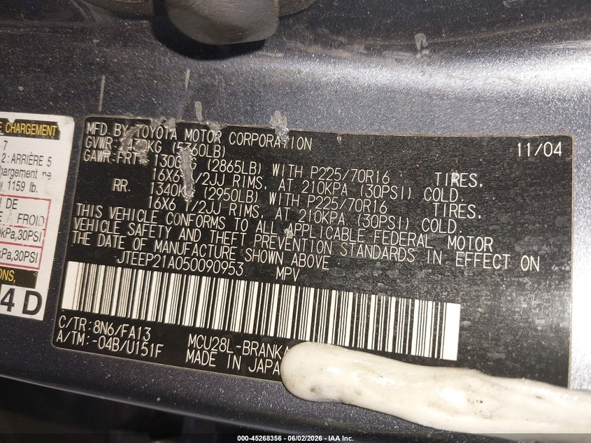 2005 Toyota Highlander VIN JTEEP21A050090953 IAAI salvage auction — NORMAL WEAR, Clear (New Jersey), sold $1,025 on 2026-07-13 (photo 9)