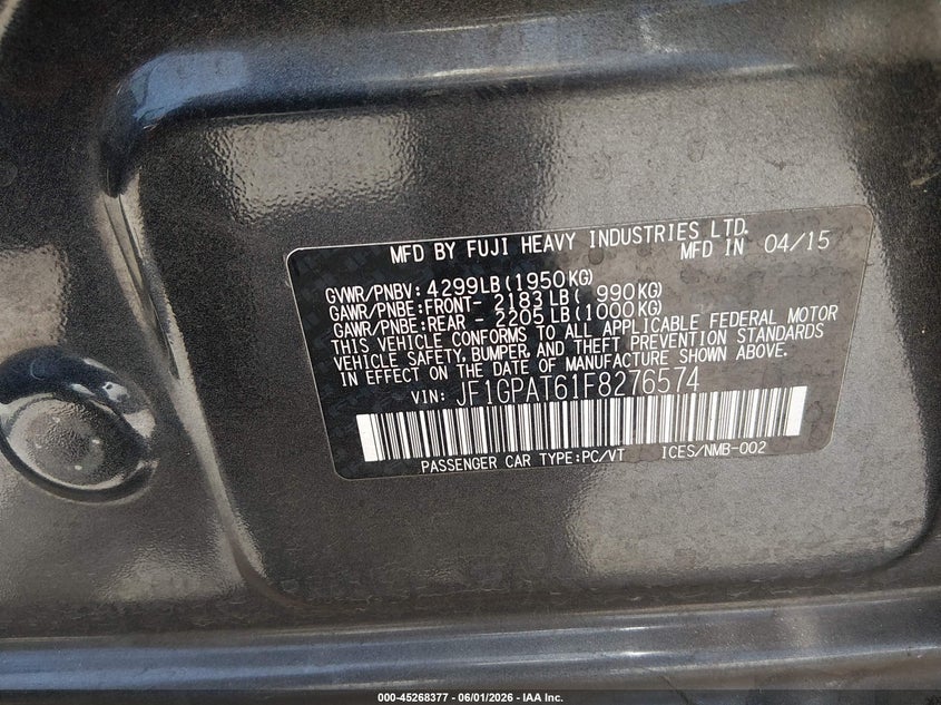 2015 Subaru Impreza VIN JF1GPAT61F8276574 IAAI salvage auction — FRONT END, Salvage Title, sold $700 on 2026-07-09 (photo 9)